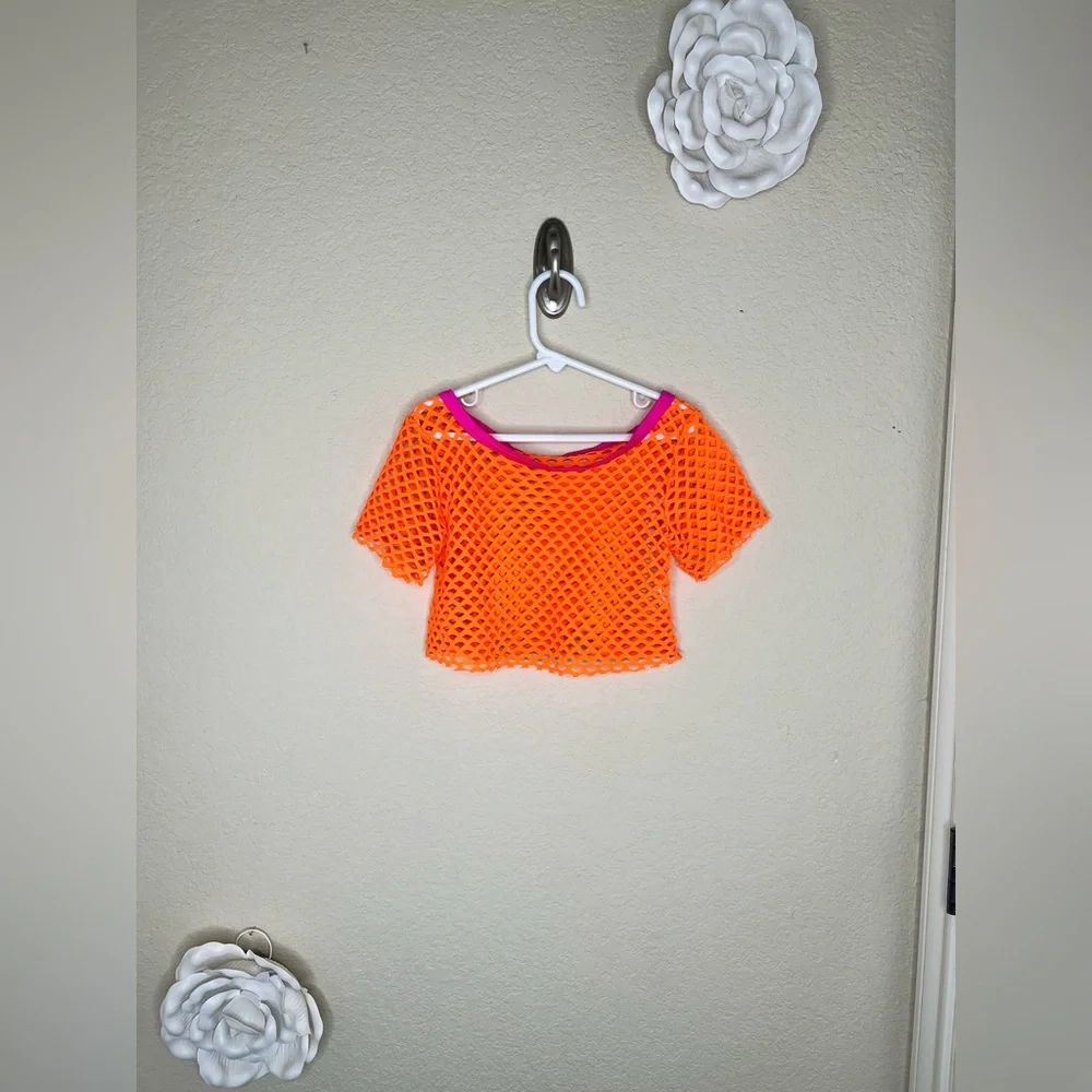 Girls Neon Orange Fishnet Dance Crop Top 80s Costume Mesh Cover Up Child M
